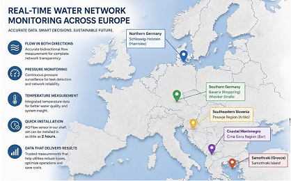 Map of five European water network monitoring locations across Germany, Slovenia, Montenegro and Greece